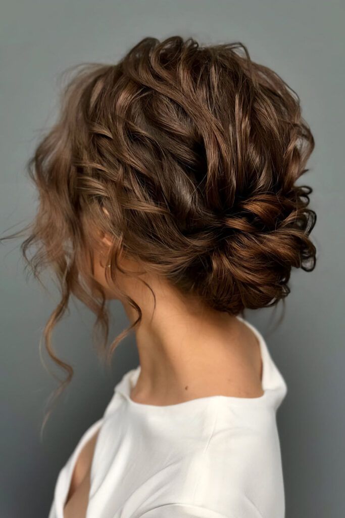 Low Textured Dark Blonde Bun with Romantic Curls — Winter Party Hairstyles