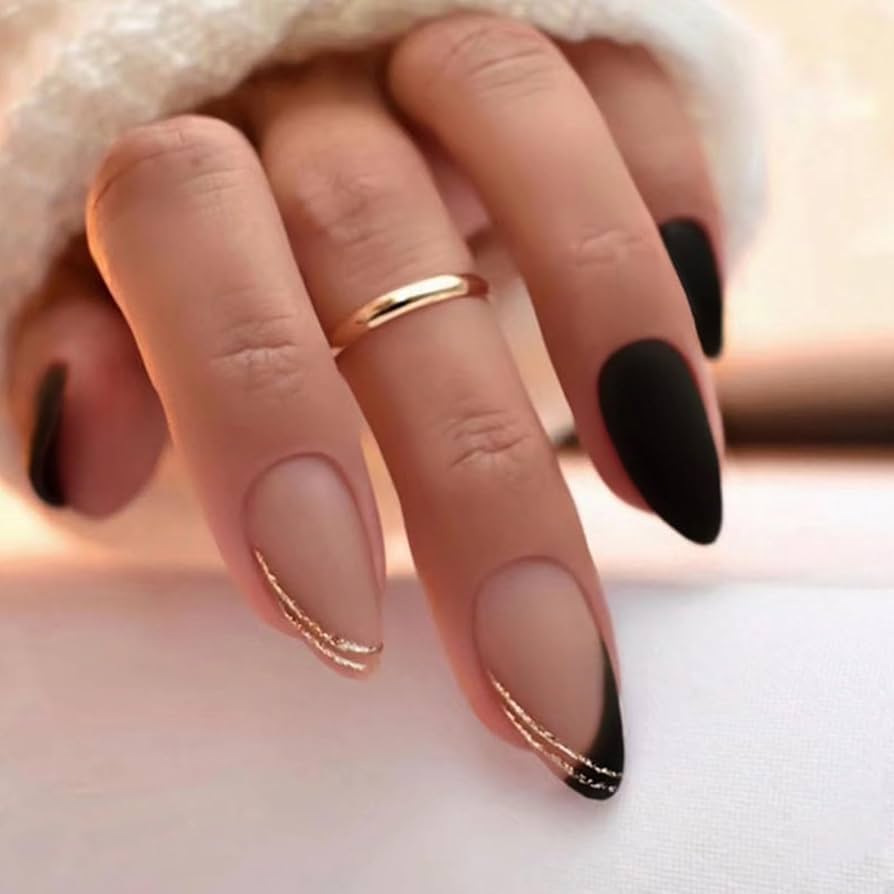 Black French Almond Nails With Gold Foil — Winter Almond Nails