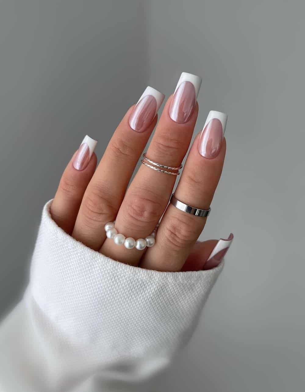 Pearlescent French Long Squovals Pearlescent French Long Squovals — Winter Squoval Nails