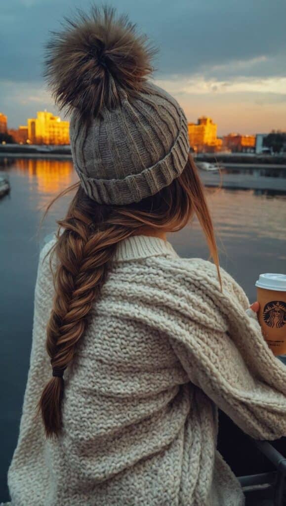 Thick Wavy Fishtail Braid With Beanie Thick Wavy Fishtail Braid With Beanie — Winter Hat Hairstyles