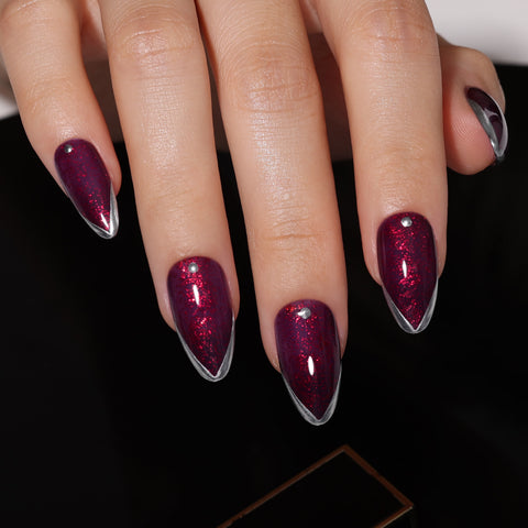 Festive Shimmer Burgundy Metallic Silver Tip Stilettos — Burgundy Nails