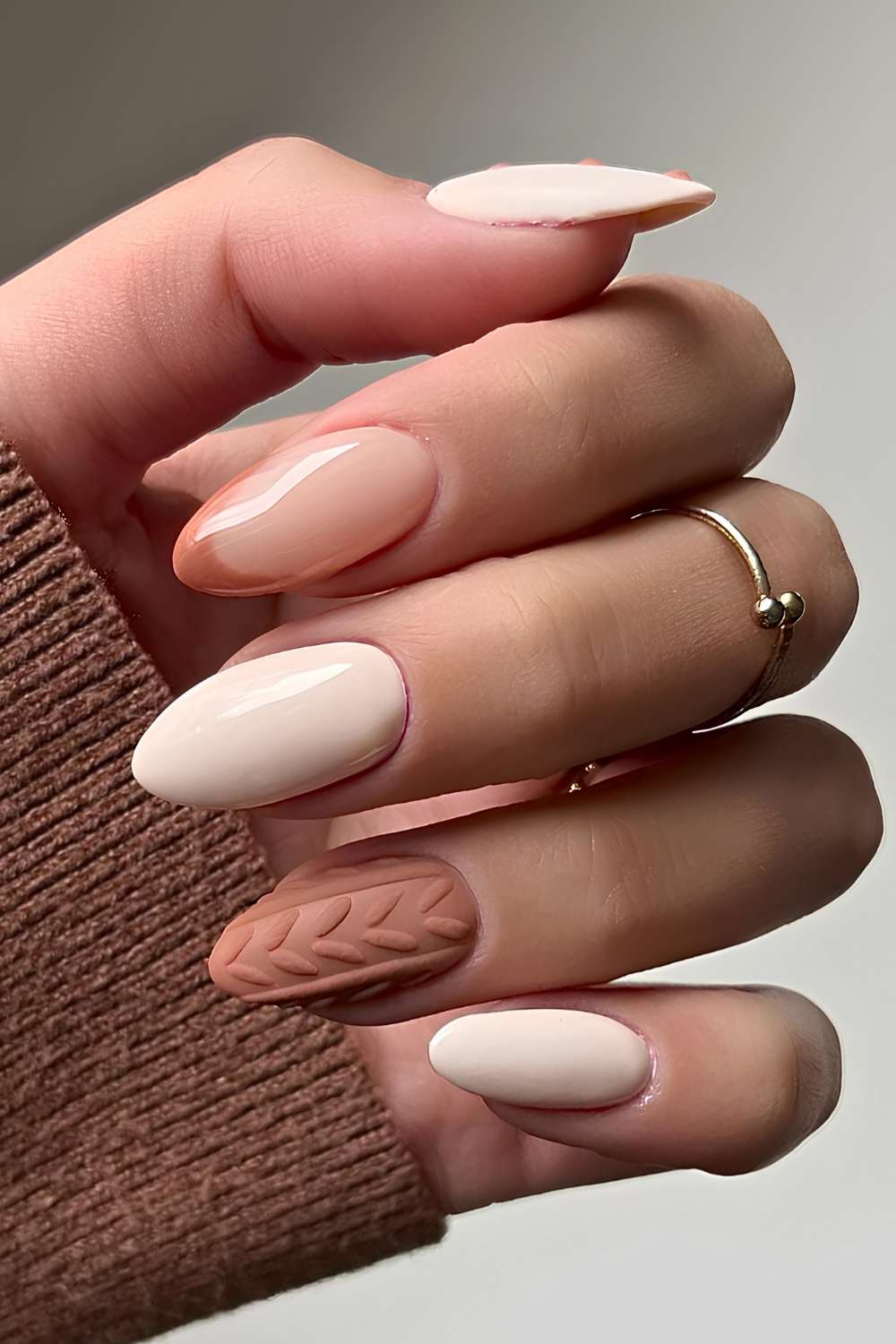 Nude Beige Cream Textured Almond Nails Nude Beige Cream Textured Almond Nails — Sweater Nails