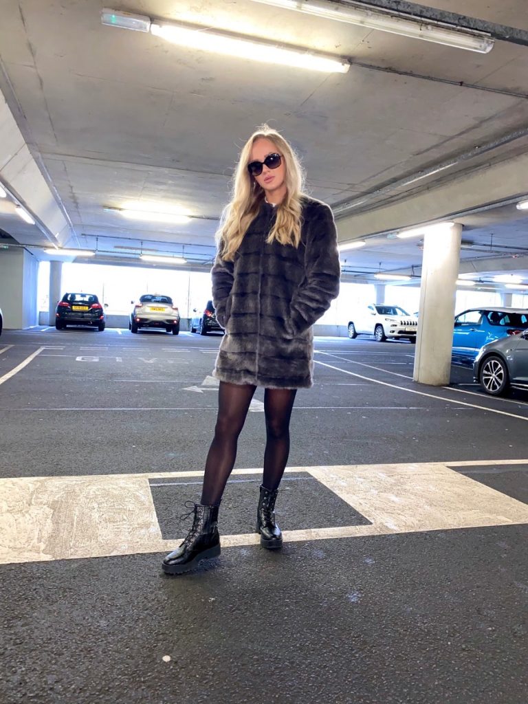 Grey Faux Fur Coat with Black Tights Grey Faux Fur Coat with Black Tights — January Outfits