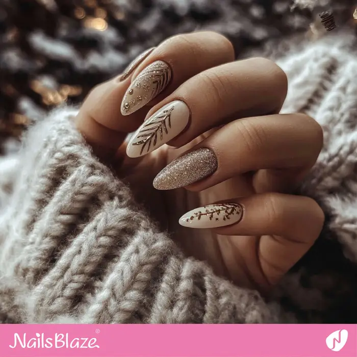 Creamy White with Gold Leaf Branches and Beads Creamy White with Gold Leaf Branches and Beads — Winter Nail Designs