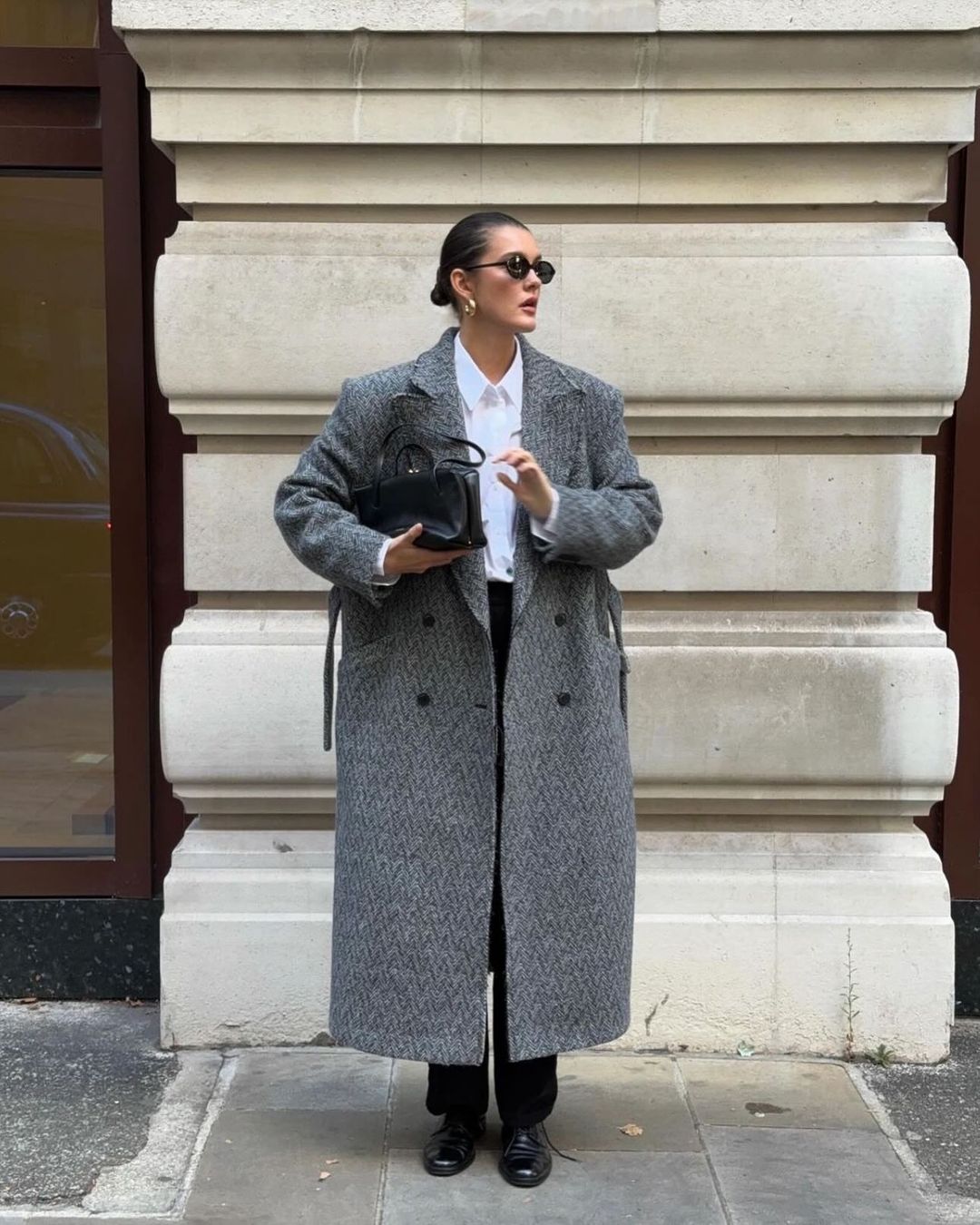 Patterned Grey Long Coat with Button-Down Patterned Grey Long Coat with Button-Down — Long Coat Outfits