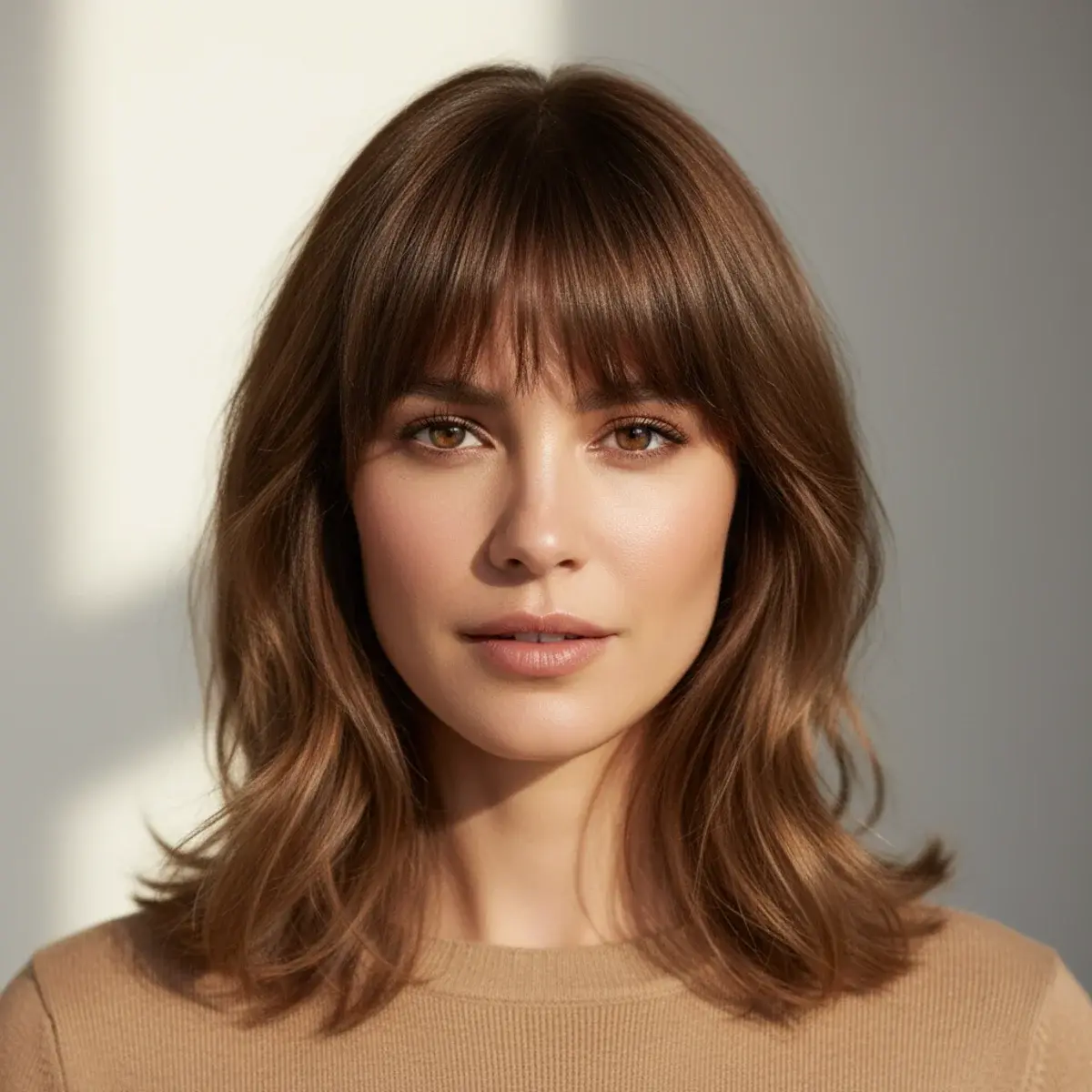 Medium Brown Layered Bob With Air-Dried Waves — Winter Haircuts with Curtain Bangs