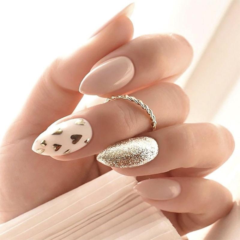 Nude Gold Heart Glitter Almonds — Short Winter Almond Nails