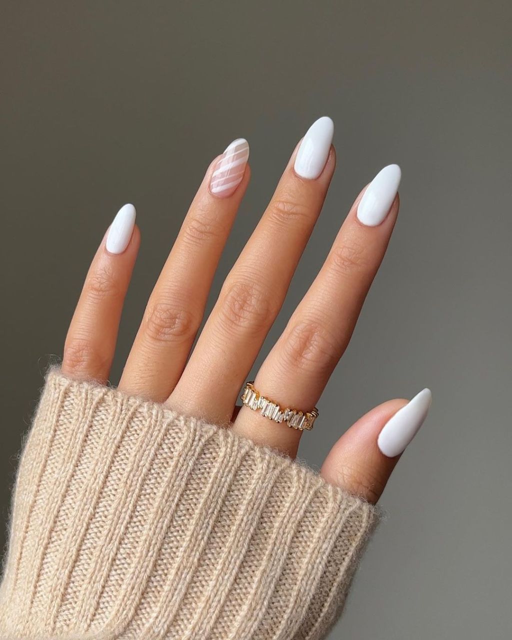 White Almond Nails with Pink Diagonal Lines — Winter White Nails