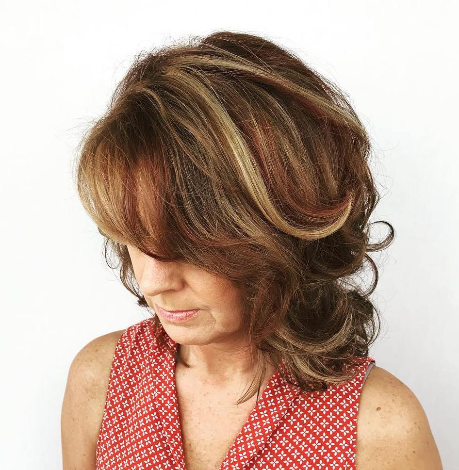 Collarbone Medium Brown Lob With Blonde Red — Winter Hair Colors for Women Over 40