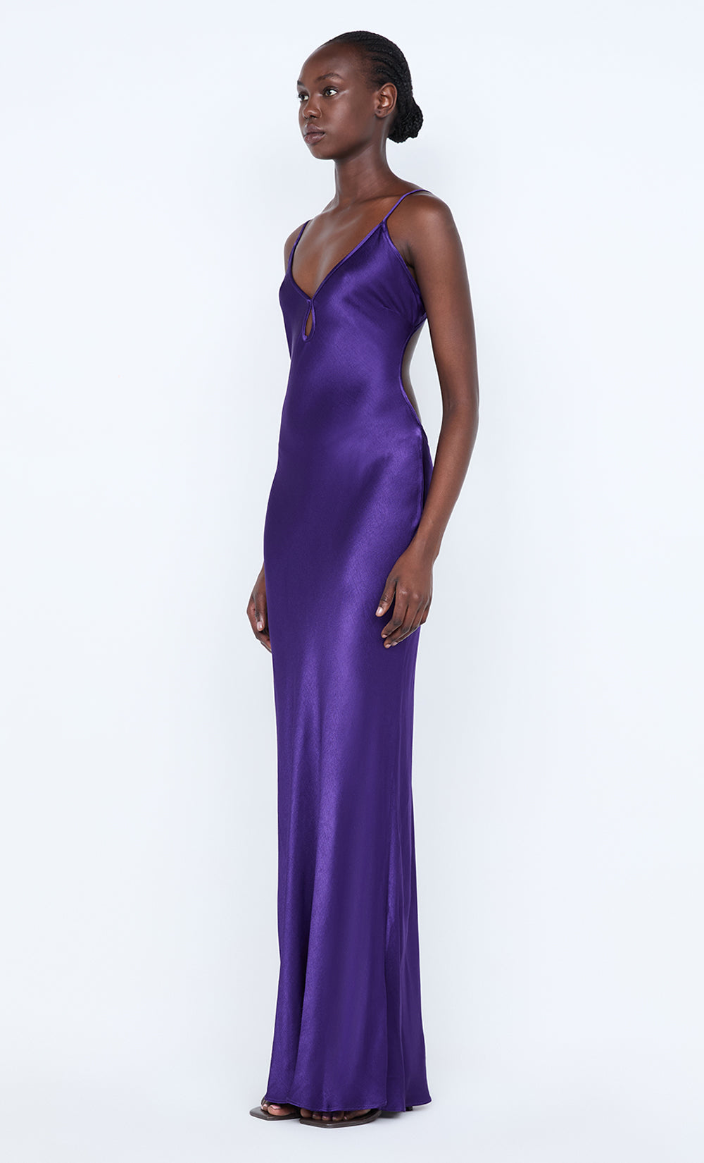 Deep Purple Satin Slip Maxi Dress with Cut-Out Detail — Royal Purple Outfits