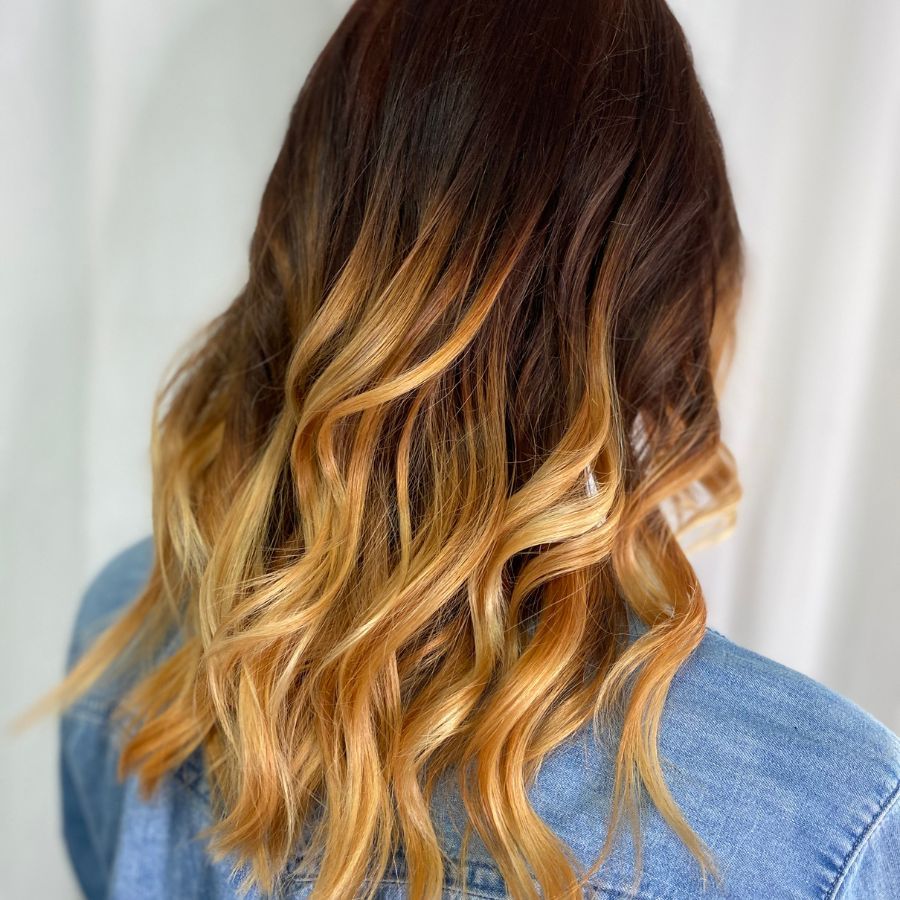 No Bangs Dark Brown to Golden Blonde Lob — Winter Ombre Hair