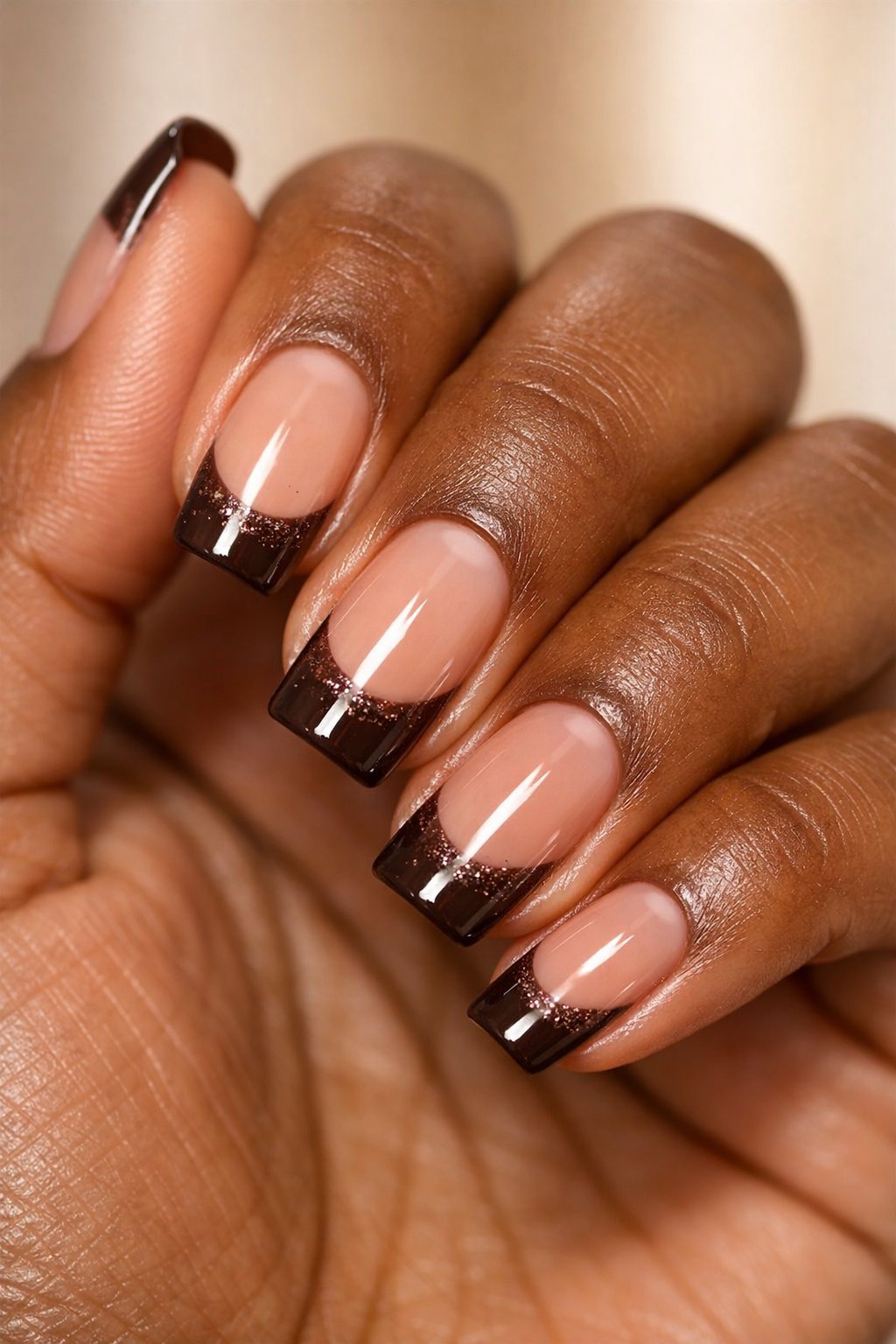 Glittered French Tip Dark Brown Short Square Nails Glittered French Tip Dark Brown Short Square Nails — Winter Nail Colors for Dark Skin