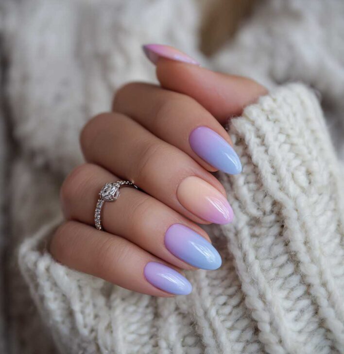 Peach Lilac Blue Gradient Almond Peach Lilac Blue Gradient Almond — Winter to Spring Transition Nails