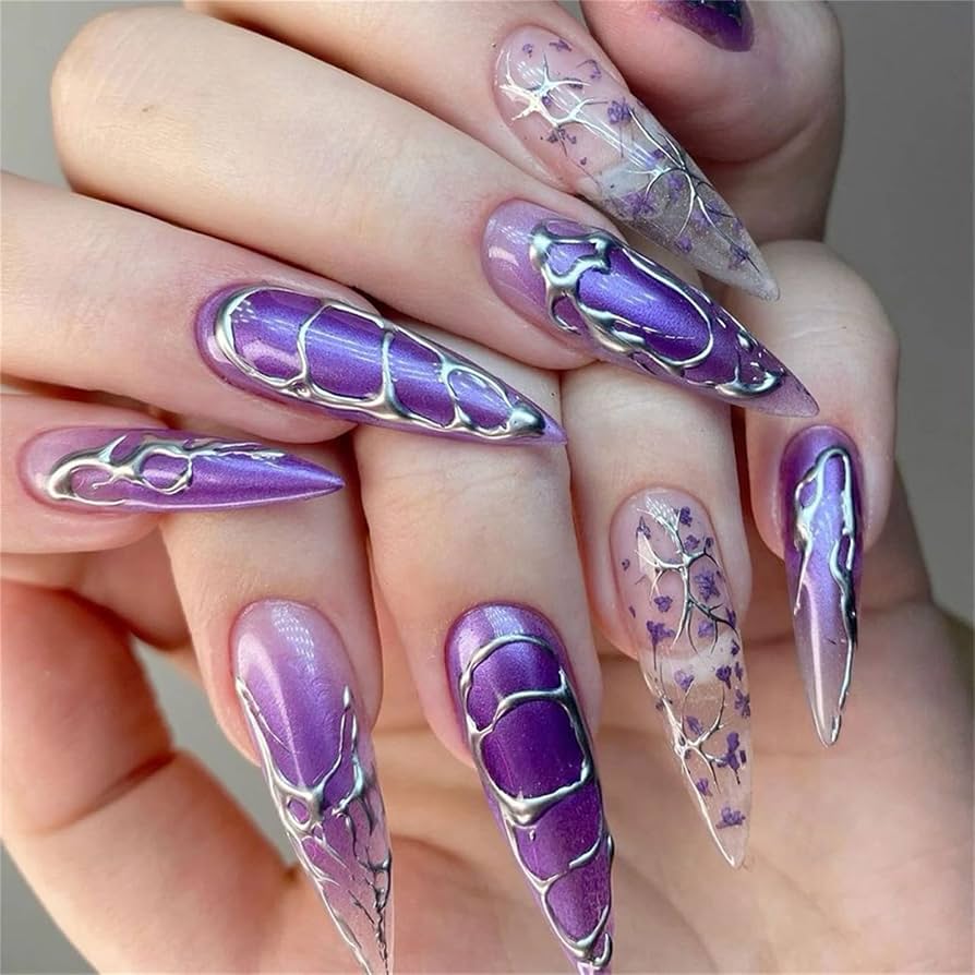 Purple Web Floral Stilettos Purple Web Floral Stilettos — Winter Stiletto Nails
