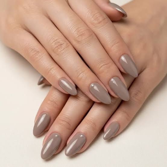 Medium Stiletto Muted Taupe-Grey Satin-Gloss Medium Stiletto Muted Taupe-Grey Satin-Gloss — Winter Nude Nails