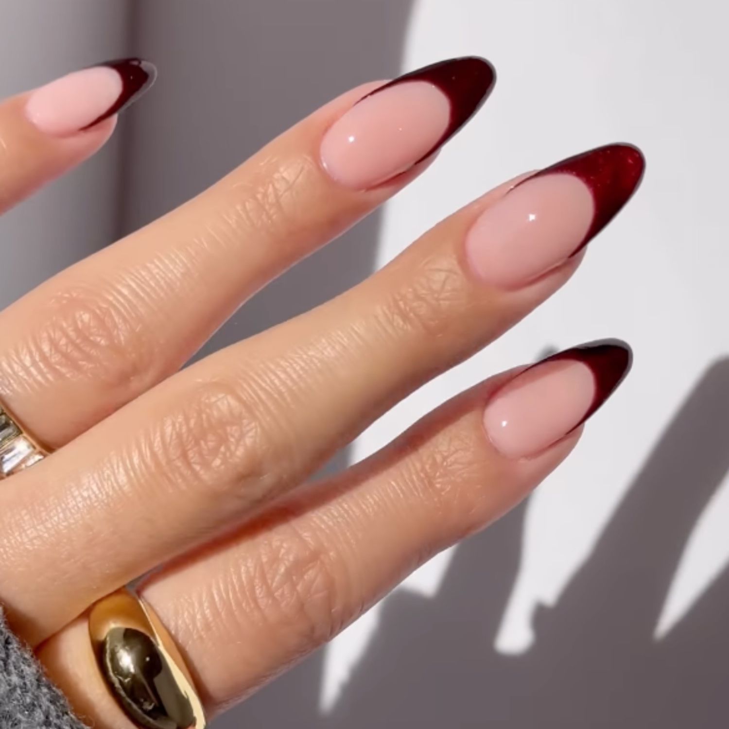 Sheer Pink Glitter Burgundy French Stiletto — Winter Nail Colors for Pale Skin