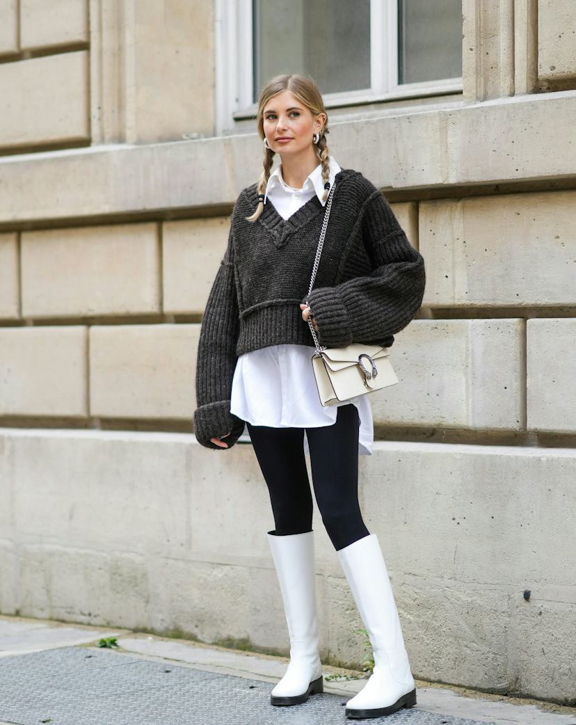 Layered Sweater and Collared Shirt with White Knee-High Boots — Winter Outfits with Leggings