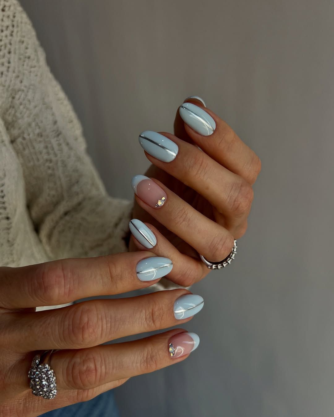 Pale Blue Nude French with Silver Lines Pale Blue Nude French with Silver Lines — Winter Blue Nails