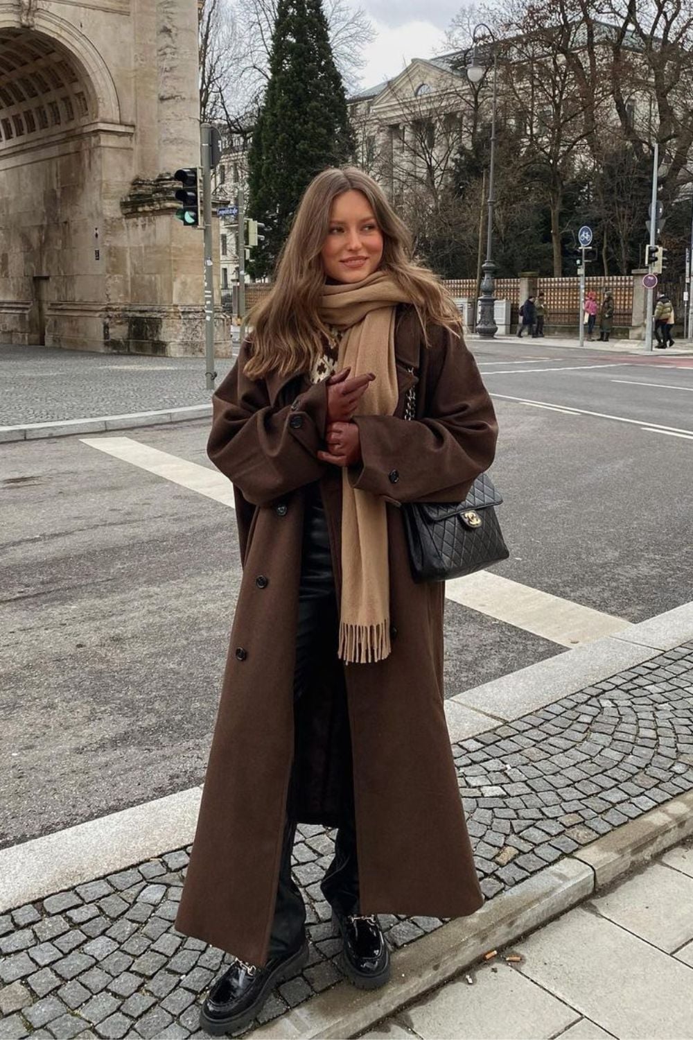 Longline Brown Wool Coat with Patterned Top and Loafers — Brown Coat Outfits