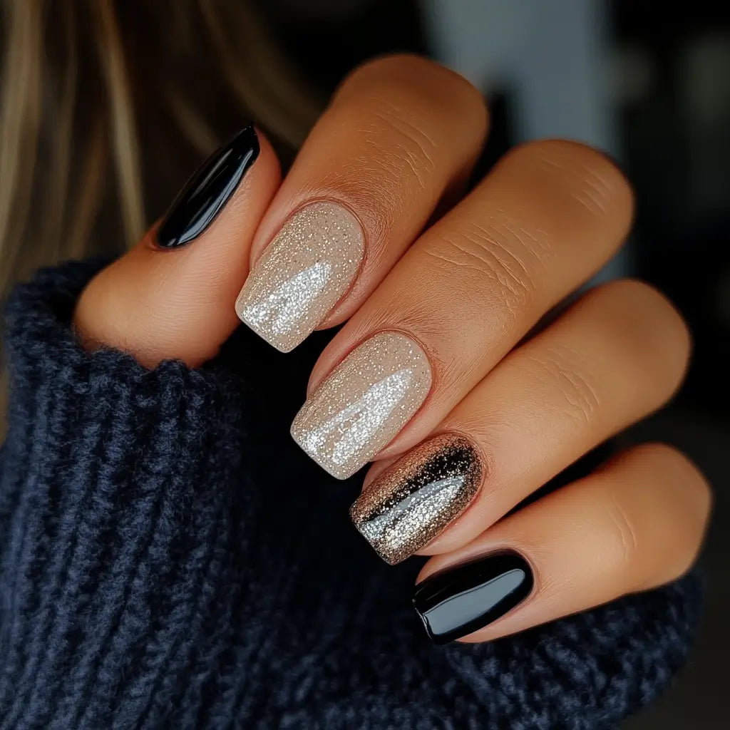 Glossy Black and Champagne Glitter Mix Glossy Black and Champagne Glitter Mix — Winter Dip Powder Nails