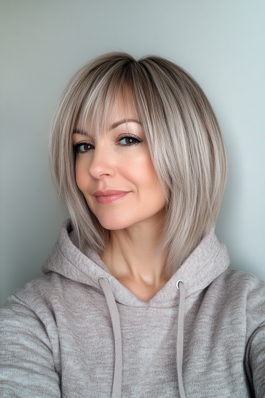 Layered Bob with Side-Swept Bangs Layered Bob with Side-Swept Bangs — Winter Hairstyles for Women Over 40