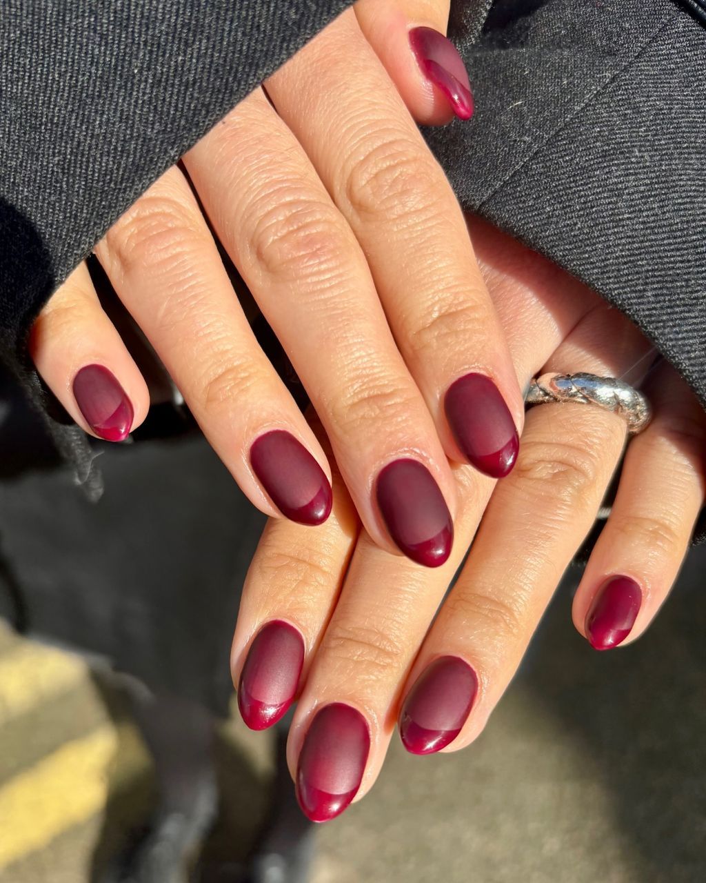 Matte Deep Red with Glossy French Tip Matte Deep Red with Glossy French Tip — Winter Matte Nails