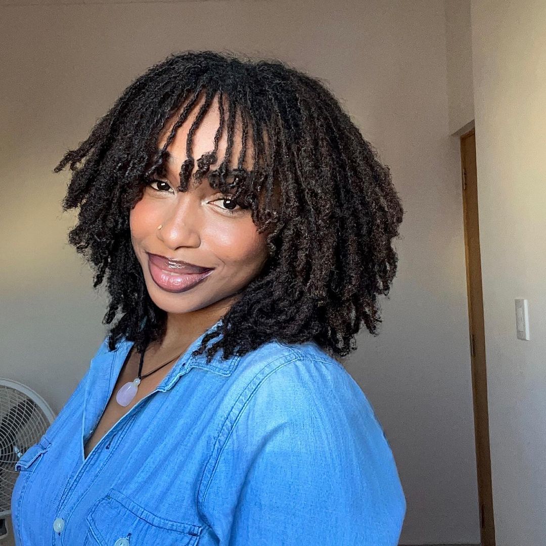 Black Collarbone Coily Locs with Bangs — Winter Loc Styles