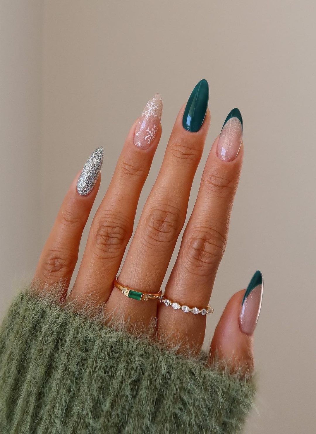 Green French Snowflake Almond Nails Green French Snowflake Almond Nails — Winter Green Nails