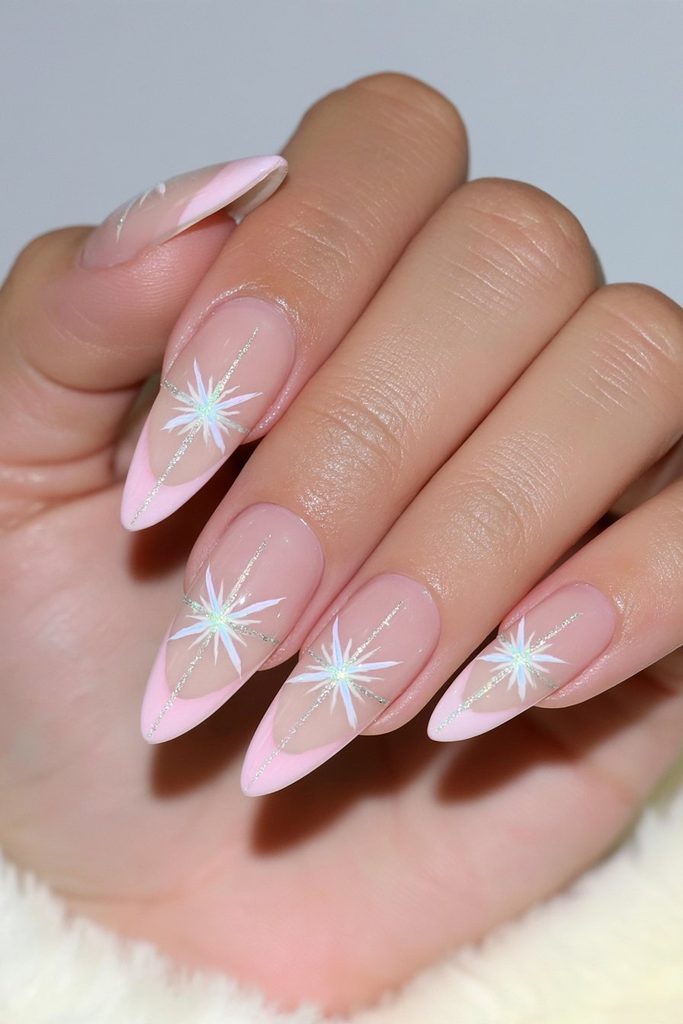 Sheer Pink Starburst French Stilettos Sheer Pink Starburst French Stilettos — Winter Stiletto Nails
