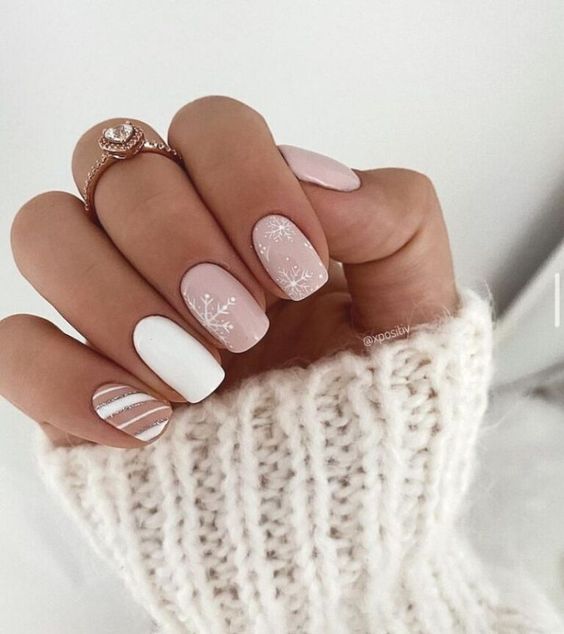 Short Square Snowflake & Stripe Nails Short Square Snowflake & Stripe Nails — Everyday Winter Nails