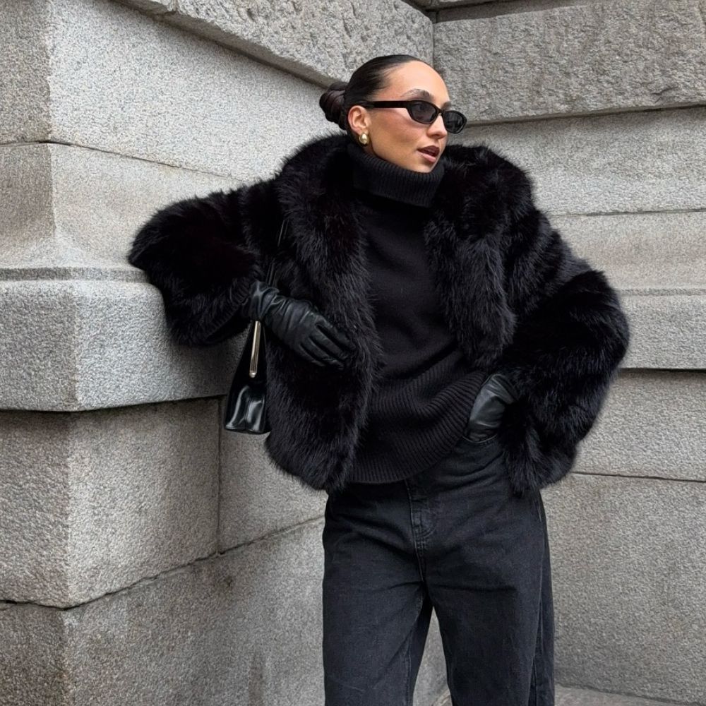 Monochromatic Black Faux Fur Coat Ensemble — Faux Fur Coat Outfits
