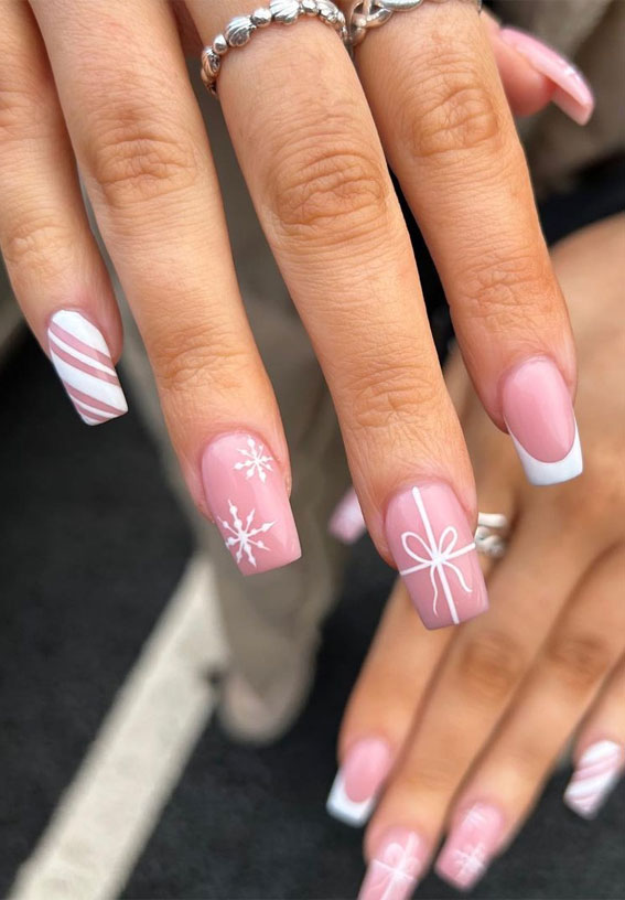 Light Pink French with Bow, Stripes & Snowflakes Light Pink French with Bow, Stripes & Snowflakes — Winter Pink Nails