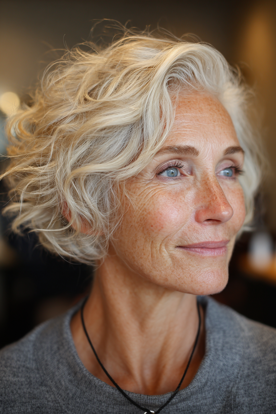 Short Layered Ash Blonde With Side-Swept Bangs Short Layered Ash Blonde With Side-Swept Bangs — Winter Haircuts for Wavy Hair