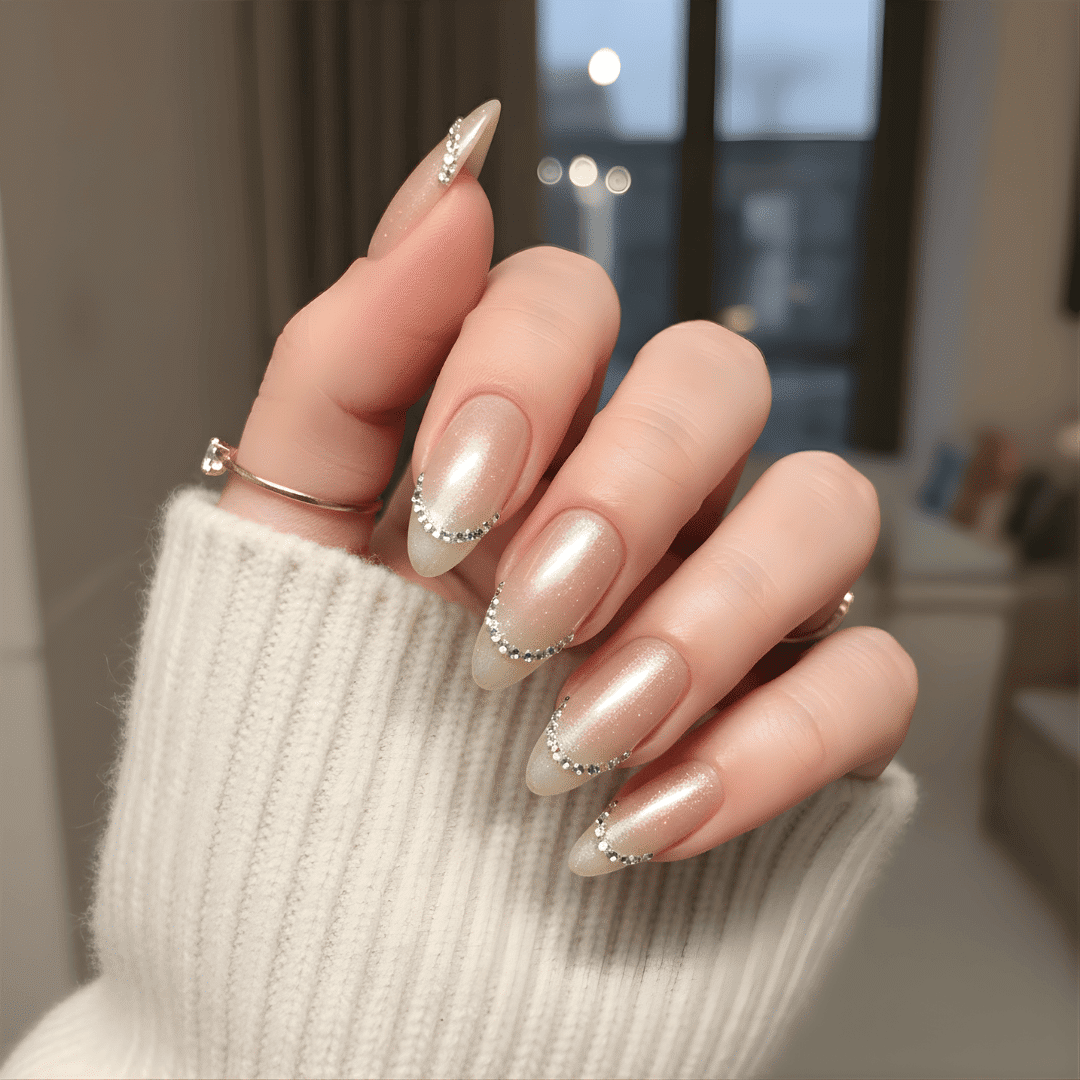 Pearlescent Beige Almond Nails With Rhinestone Smile — Winter Almond Nails