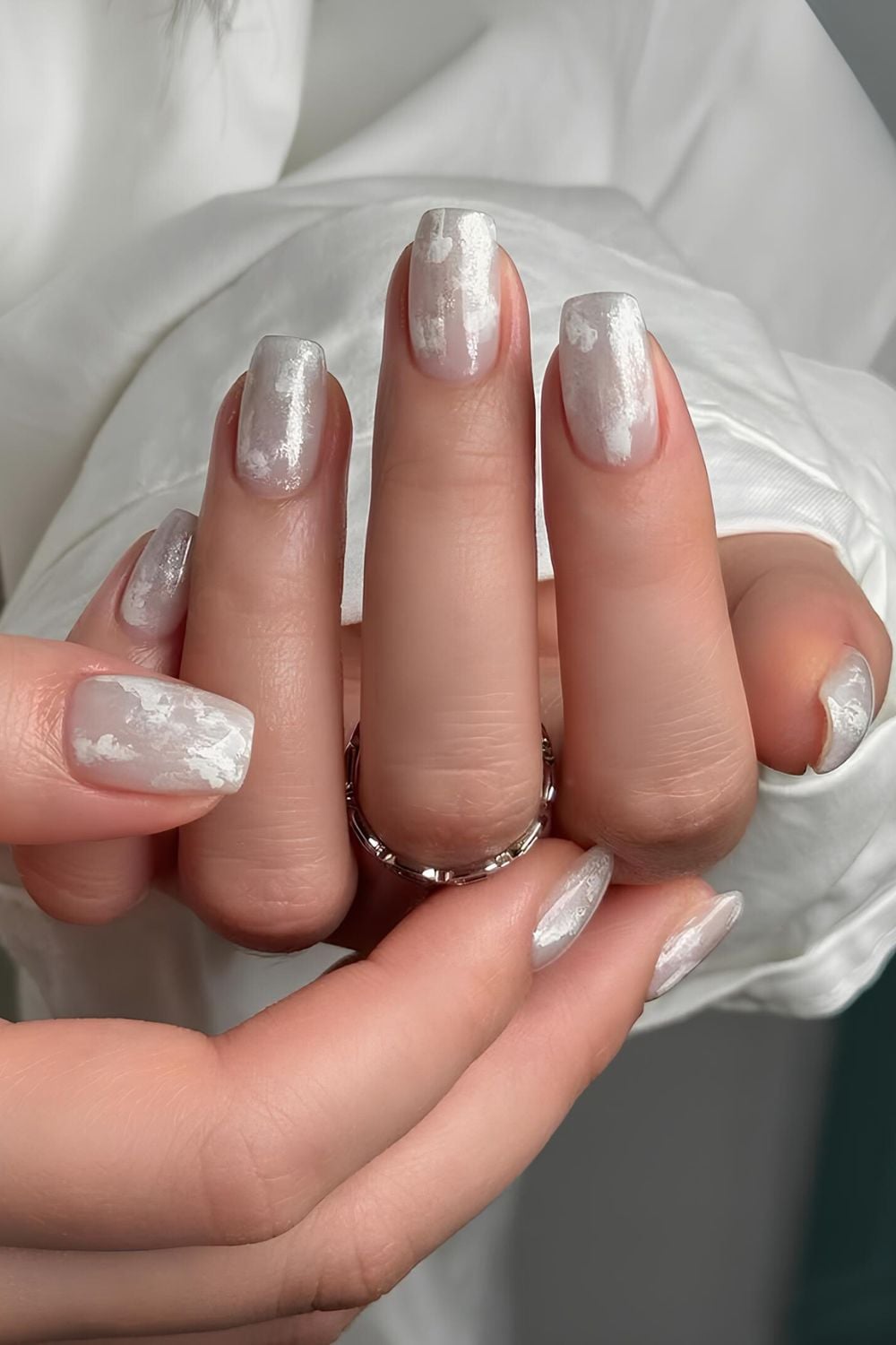 Subtle Light Grey Marble on Short Squares — Winter Marble Nails