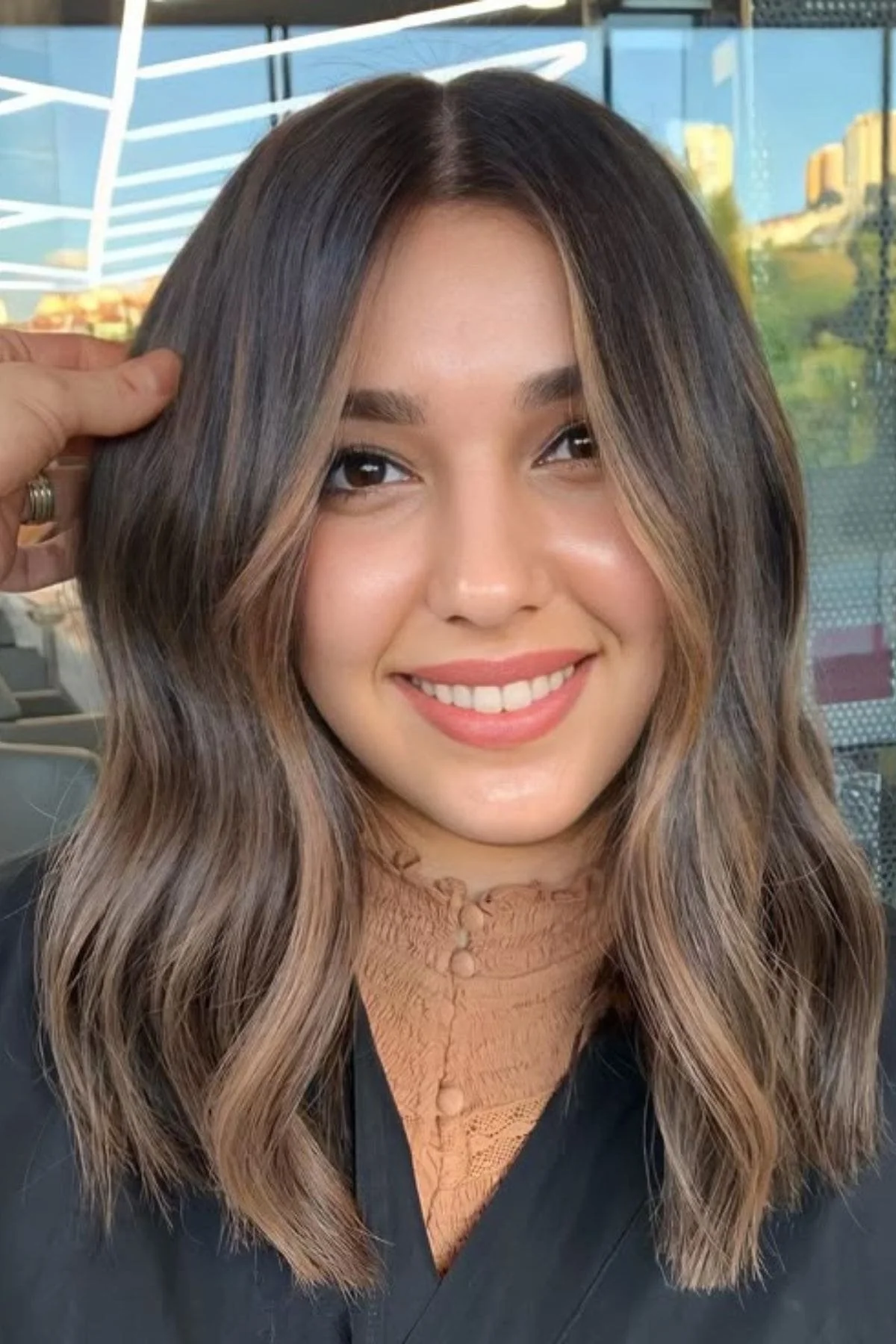 Dark Brown With Blonde Balayage Lob — Low Maintenance Winter Hair Colors