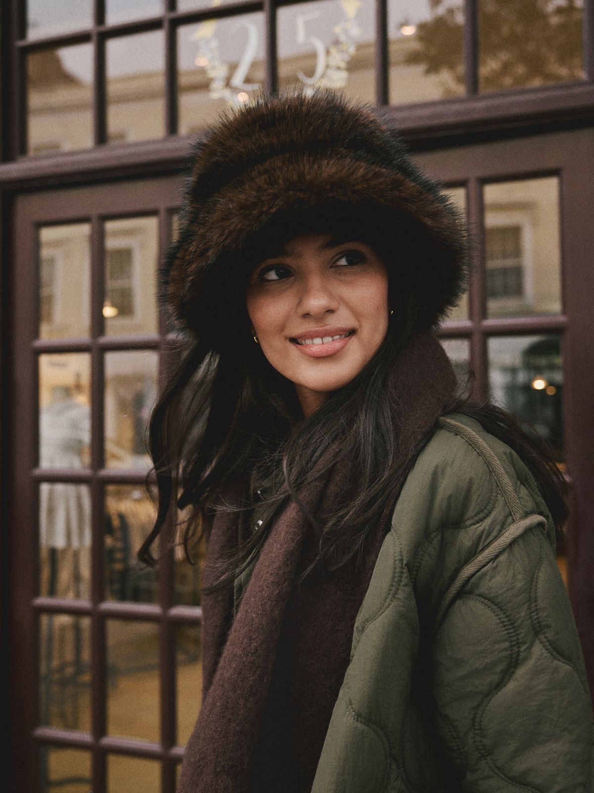 Cozy Layers: Fur Hat with a Quilted Jacket and Scarf — Fur Hat Outfits