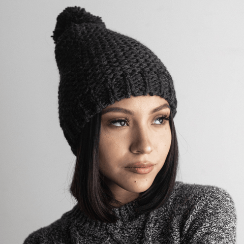 Dark Brown Bob With Blunt Bangs and Grey Beanie Dark Brown Bob With Blunt Bangs and Grey Beanie — Winter Hat Hairstyles