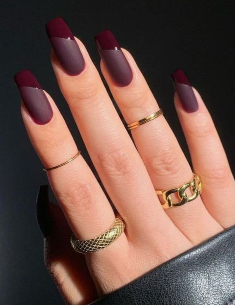 Deep Burgundy Matte French Tip Coffin Nails Deep Burgundy Matte French Tip Coffin Nails — Winter Matte Nails