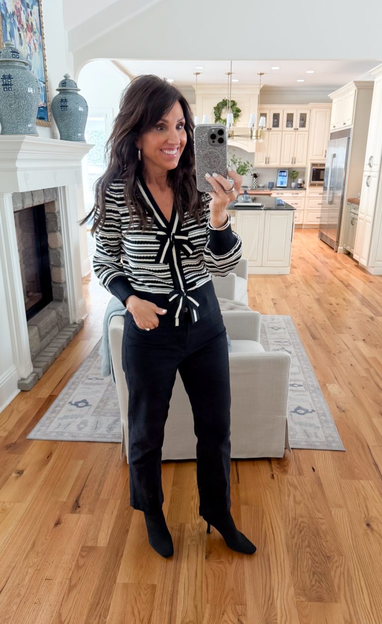 Black and White Striped Sweater with Black Straight-Leg Jeans Black and White Striped Sweater with Black Straight-Leg Jeans — January Outfits