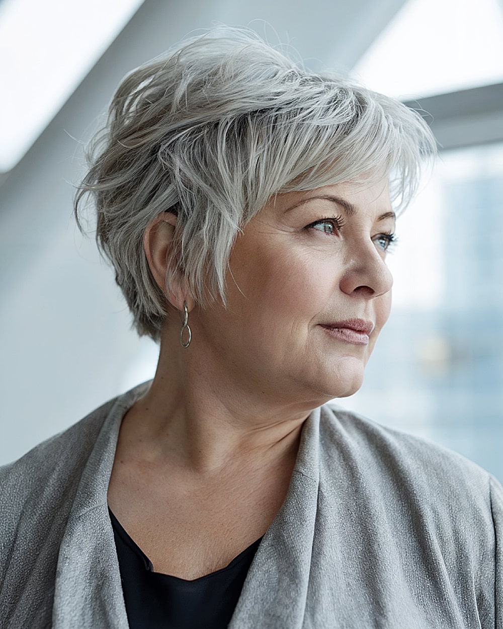 Textured Silver Pixie Cut — Winter Hair Colors for Plus Size Women