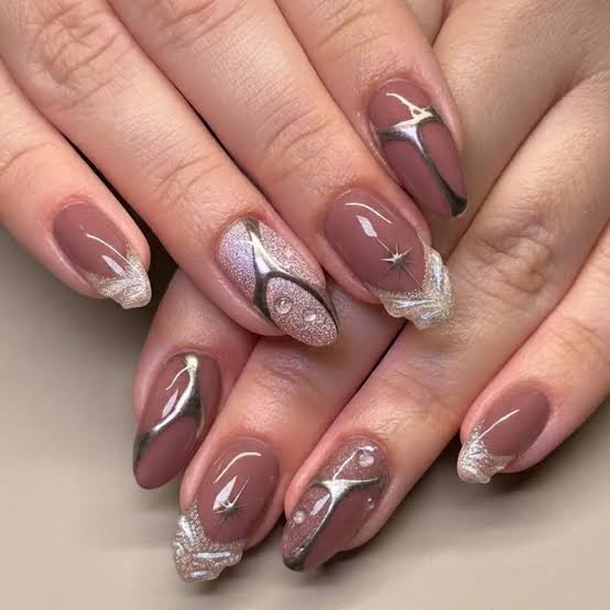 Mauve Chrome & Glitter Tips Mauve Chrome & Glitter Tips — Winter Nail Colors for Women Over 60