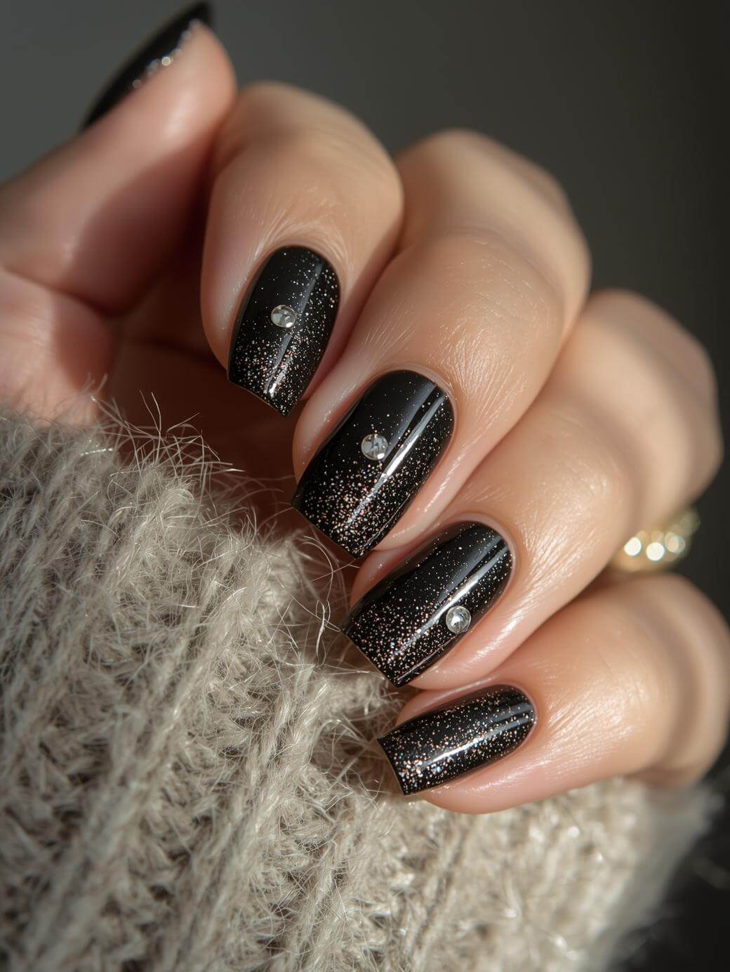 Short Square Glossy Black with Rose Gold Sparkle Short Square Glossy Black with Rose Gold Sparkle — Winter Black Nails