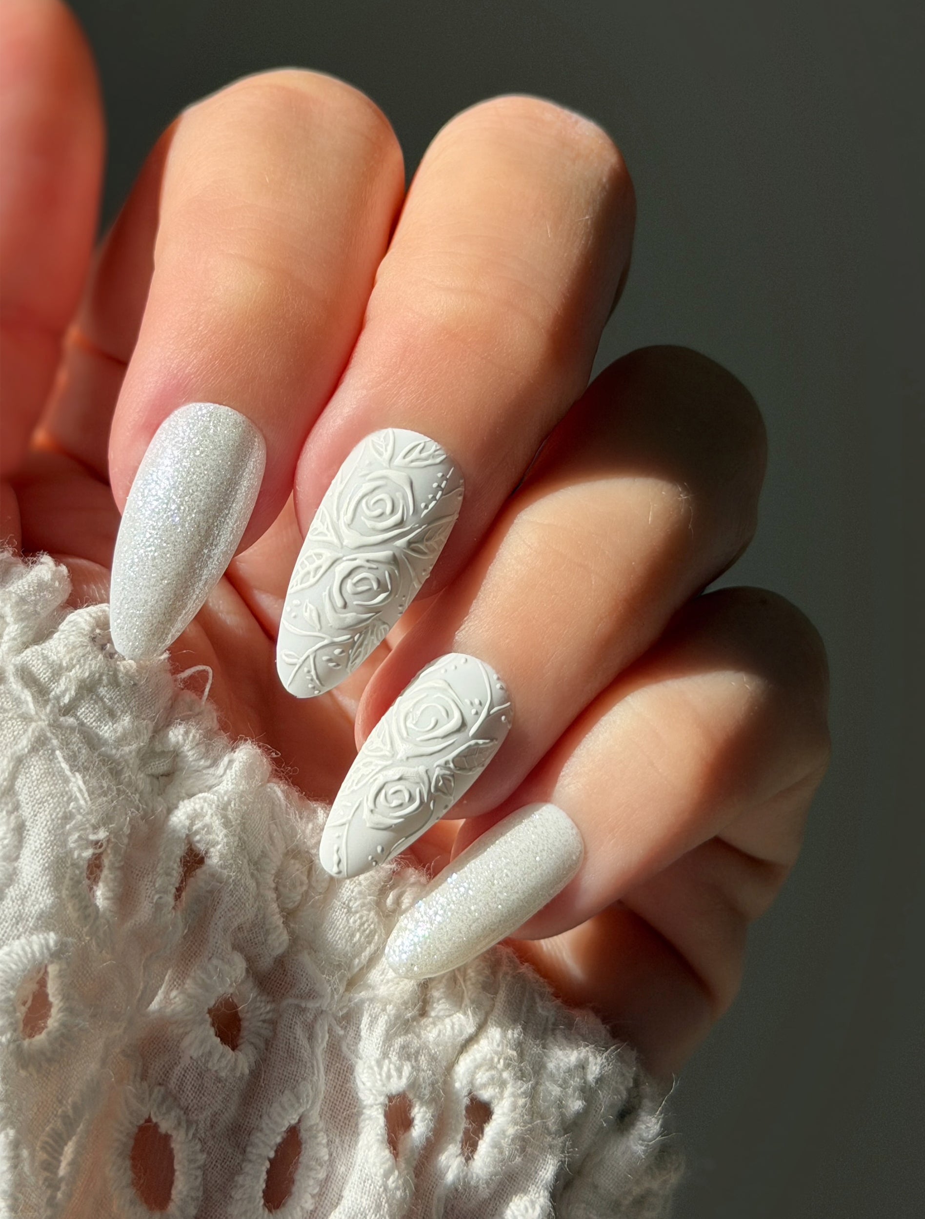Matte White 3D Rose Coffin Nails Matte White 3D Rose Coffin Nails — Winter Acrylic Nails