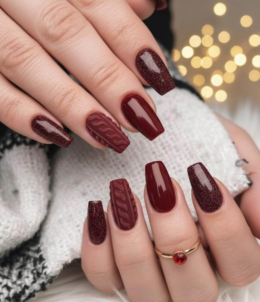 Burgundy Glitter Cable Knit Coffin Burgundy Glitter Cable Knit Coffin — Sweater Nails