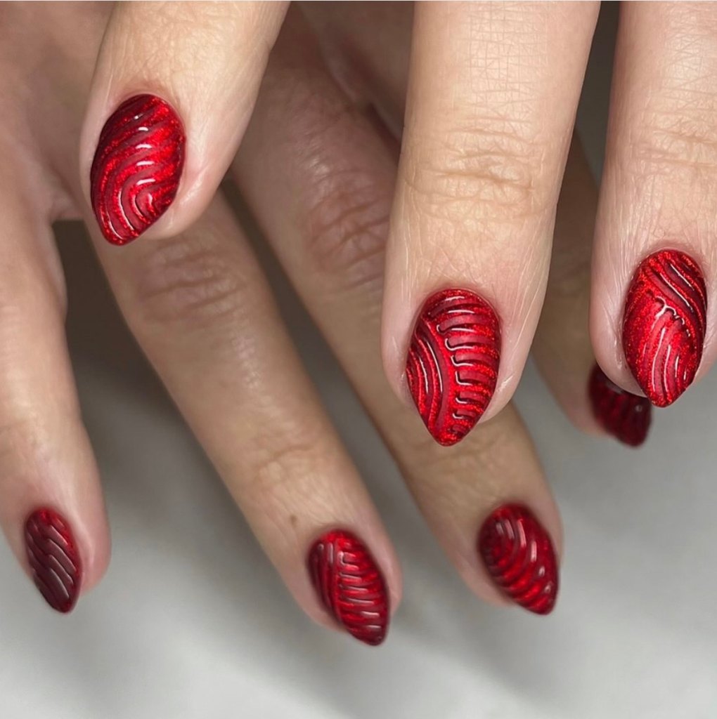 Textured Bright Red Oval Nails Textured Bright Red Oval Nails — Cherry Red Nails