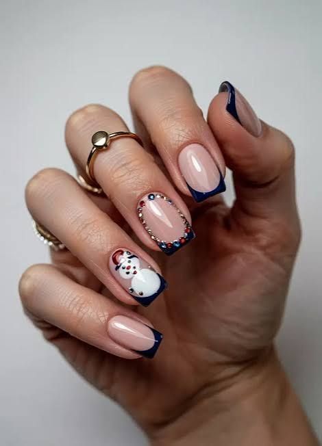 Snowman Art Rhinestones Navy French Tips Visual Idea Snowman Art Rhinestones Navy French Tips Visual Idea — Short Winter Nails