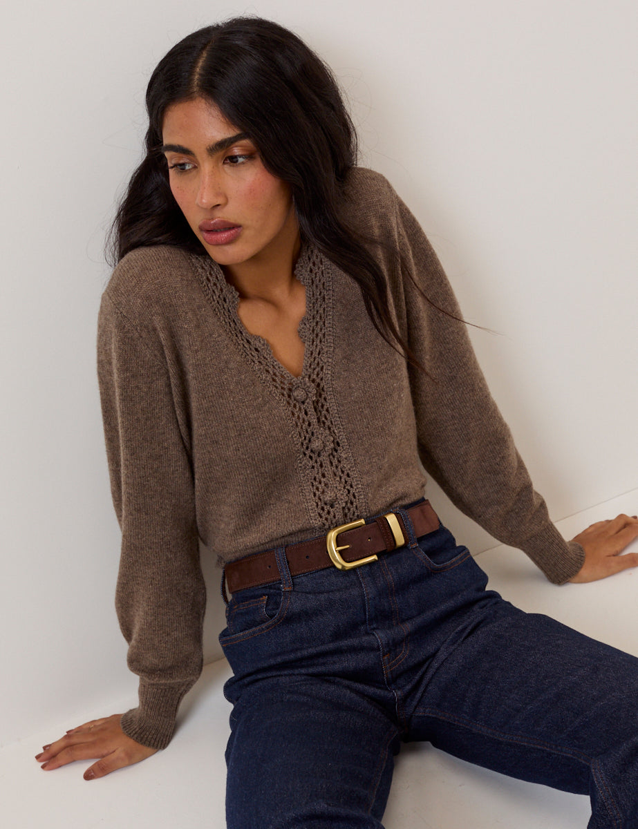 Textural Interest: Crochet Detail Chocolate Brown Cardigan with Denim — Chocolate Brown Outfits
