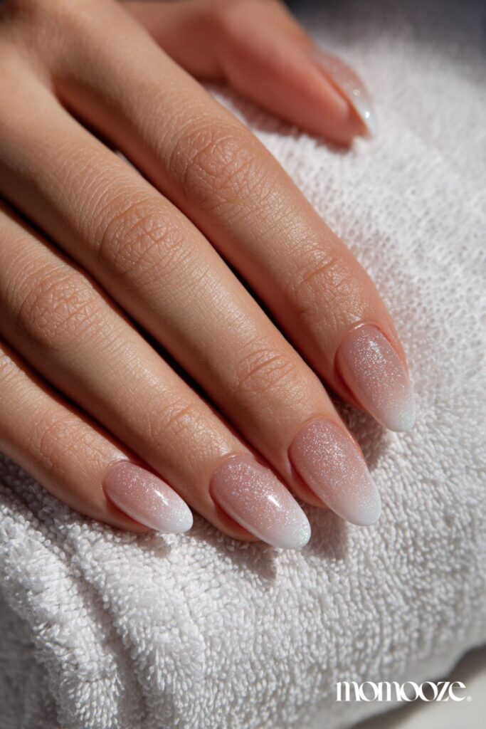 Nude to White Glitter Ombre Almonds — Short Winter Almond Nails