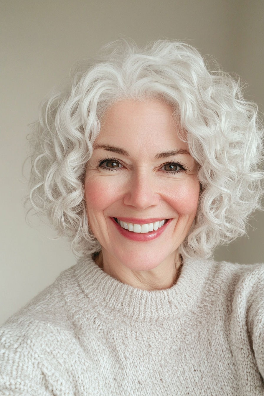 Voluminous Silver Curly Bob — Winter Haircuts for Women Over 60